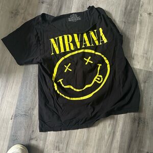 Off-Shoulder Nirvana Black T-Shirt with Yellow Logo